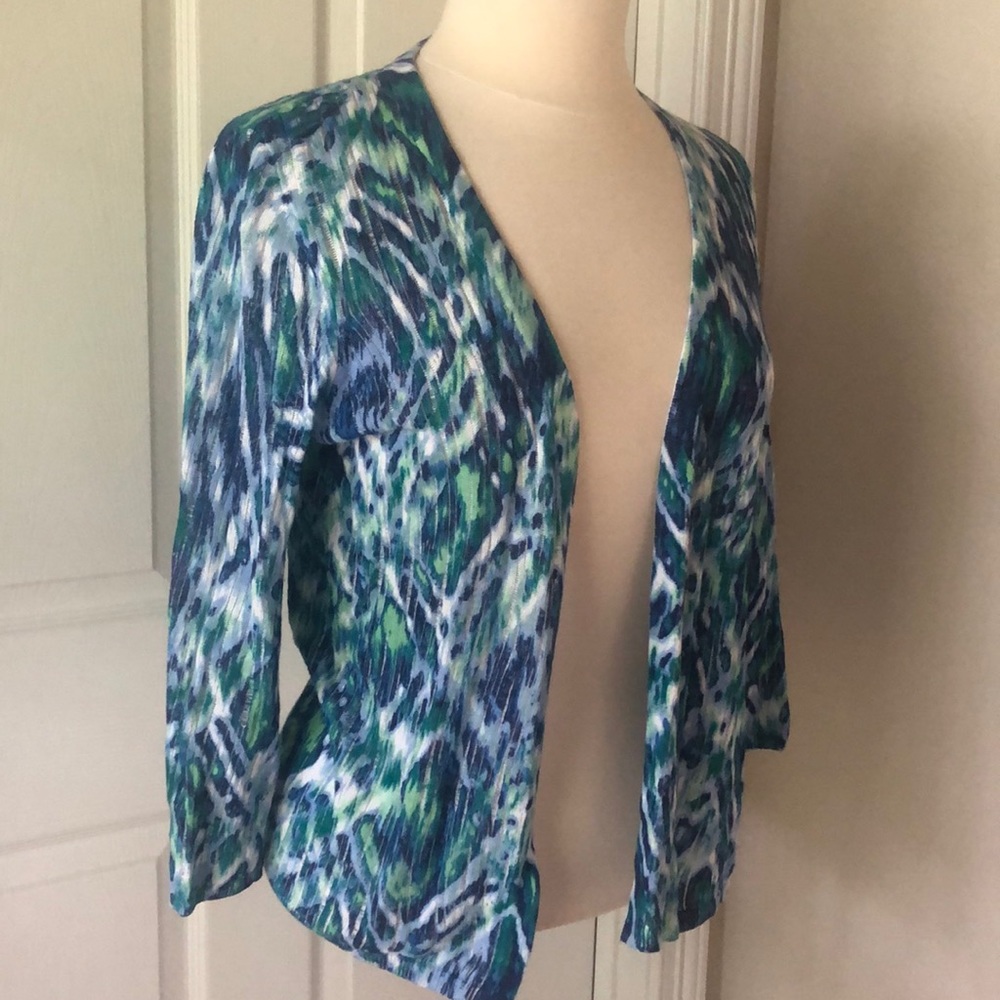 Chico’s Blue Green Watercolor Open-Front Cardigan Lightweight Sweater sz S